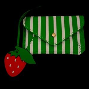 Kate Spade Green Striped wallet card holder with Strawberry Charm